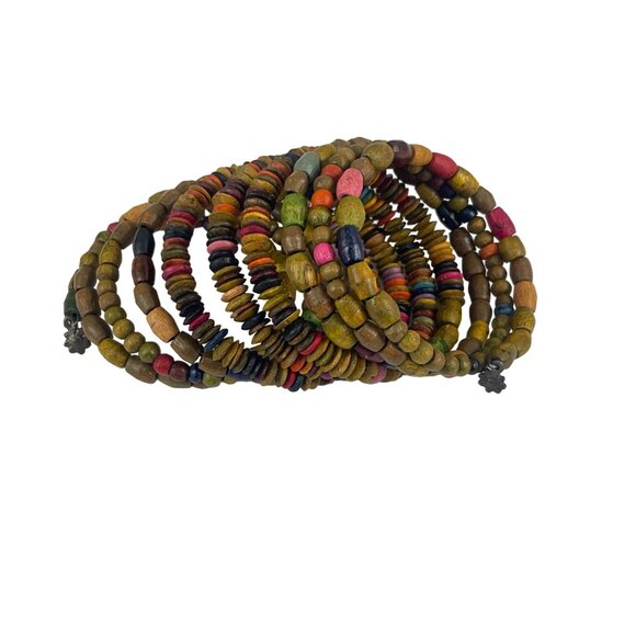 Colorful Wooden Beaded Coil Bracelet with Flower Charms - Picture 5 of 8